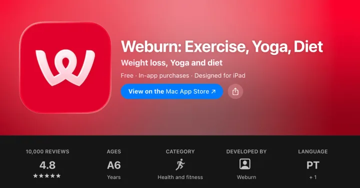 Avaliação do WeBurn na loja de apps